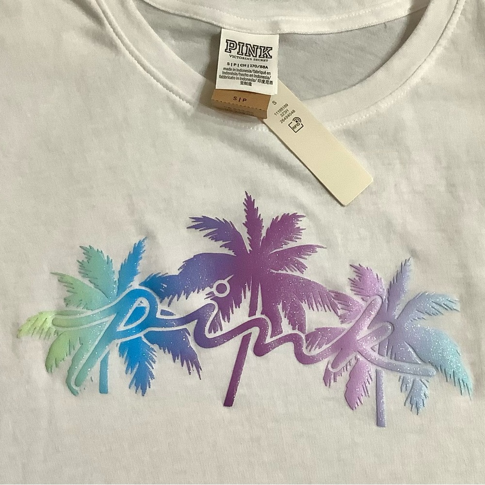 PINK Victoria's Secret colorful glittery Palm Tree Graphic Tee. NWT. Sz S - Picture 6 of 7